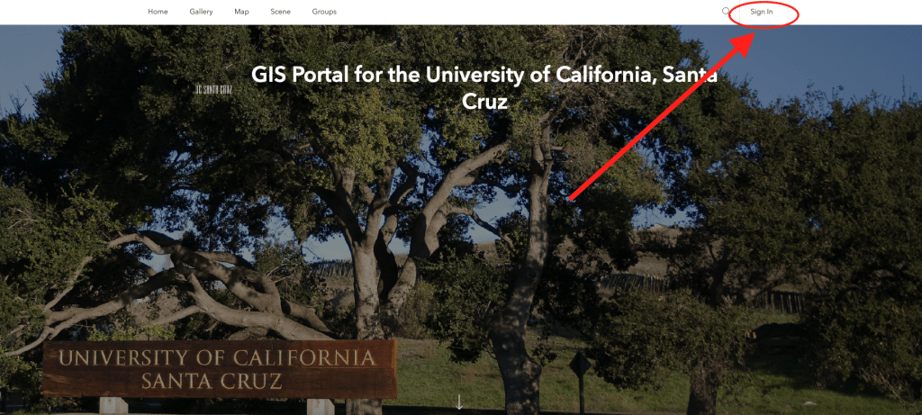 UCSC GIS Portal Homepage with an arrow pointing to the upper right corner sign in link.